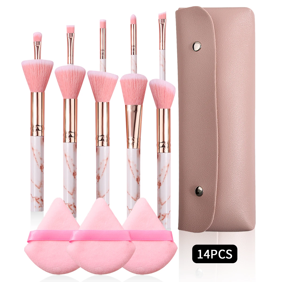 14PCS pink set with 10 marble makeup brushes +3pcs setting triangle powder puff +1pcs double button makeup brush storage bag