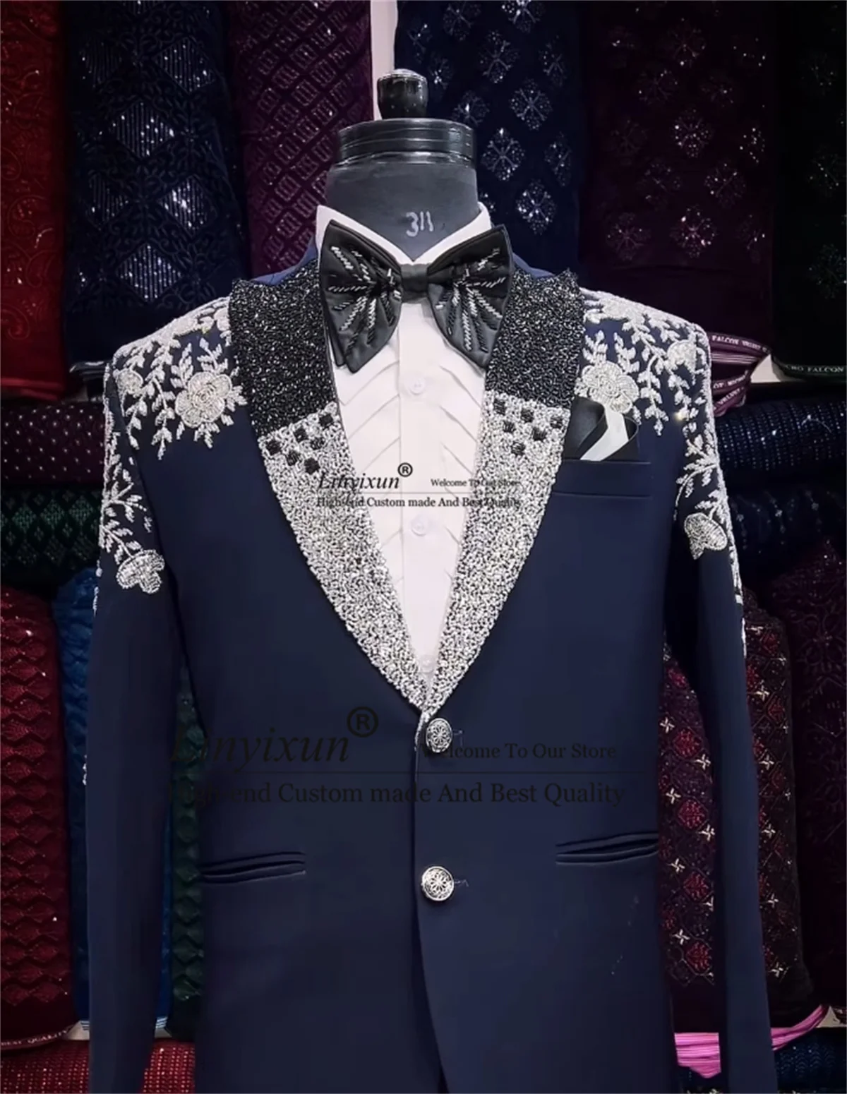 Luxury Beaded Crystal Wedding Suits For Men Shawl Lapel Groom Tuxedos Slim Fit Costume Homme 2 Pieces Sets Male Prom Blazers