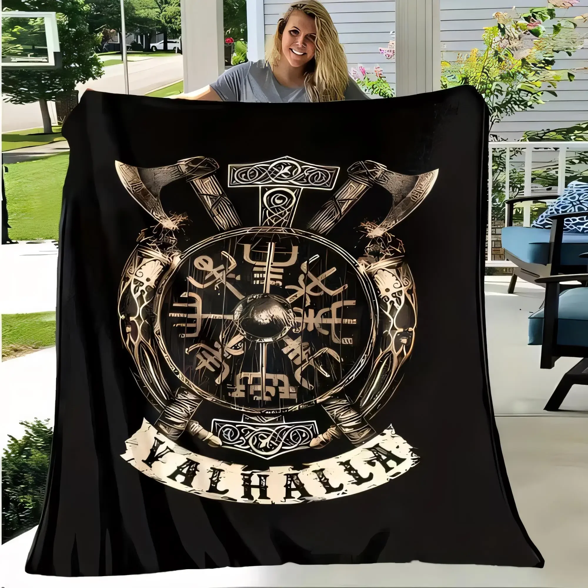 Norse Viking Valhalla Blanket Featuring Crossed Axes & Vegvisir Design, Stylish Cozy Throw Blanket for Home, Soft Warm Bed Sofa