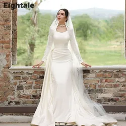Eightale Muslim Wedding Dress with Detachable Skirt V-Neck Satin Customized Arabic Bridal Gown Long Sleeves Vestido De Noiva
