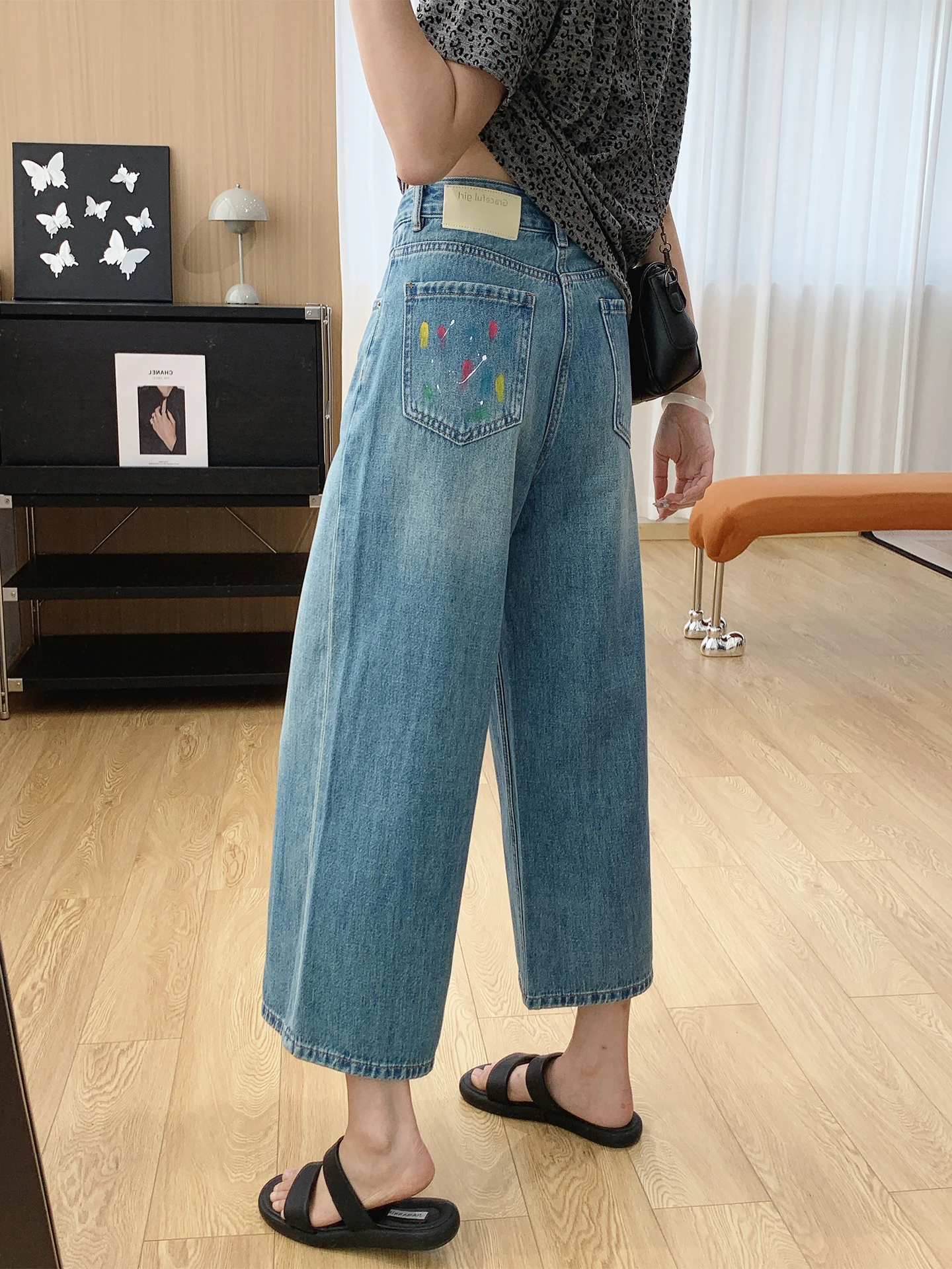 

High Waist Slimming Graffiti Wide Leg Jeans Women's Spring Summer New Loose Straight Small Size Denim Jeans Cotton Material