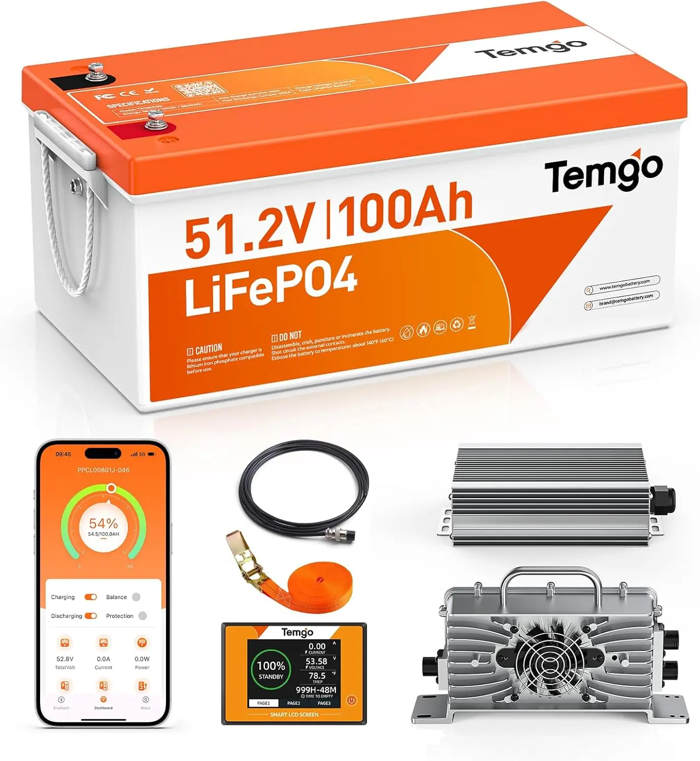 

48V (51.2V) 100Ah LiFePO4 Lithium Golf Cart Battery, Built-in 200A BMS, Complete Upgrade Kit with Charger, LCD Display, Voltage Converter, Retention Strap & App, 5000+ Cycles