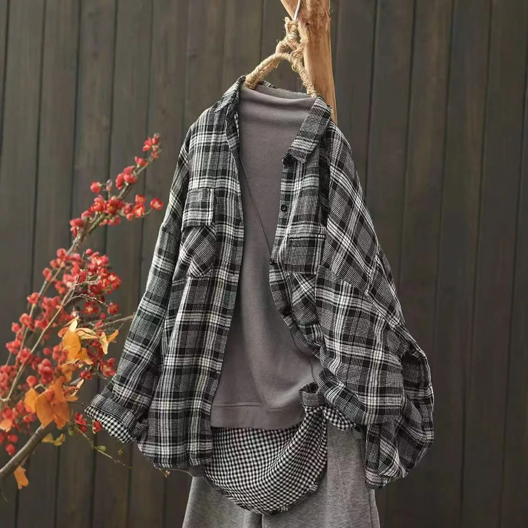 بلوزة نسائية كاجوال بأكمام طويلة وأزرار لأعلى منقوشة بطبقة مزدوجة من غزل القطن بألوان متباينة للخريف ملابس يومية فضفاضة