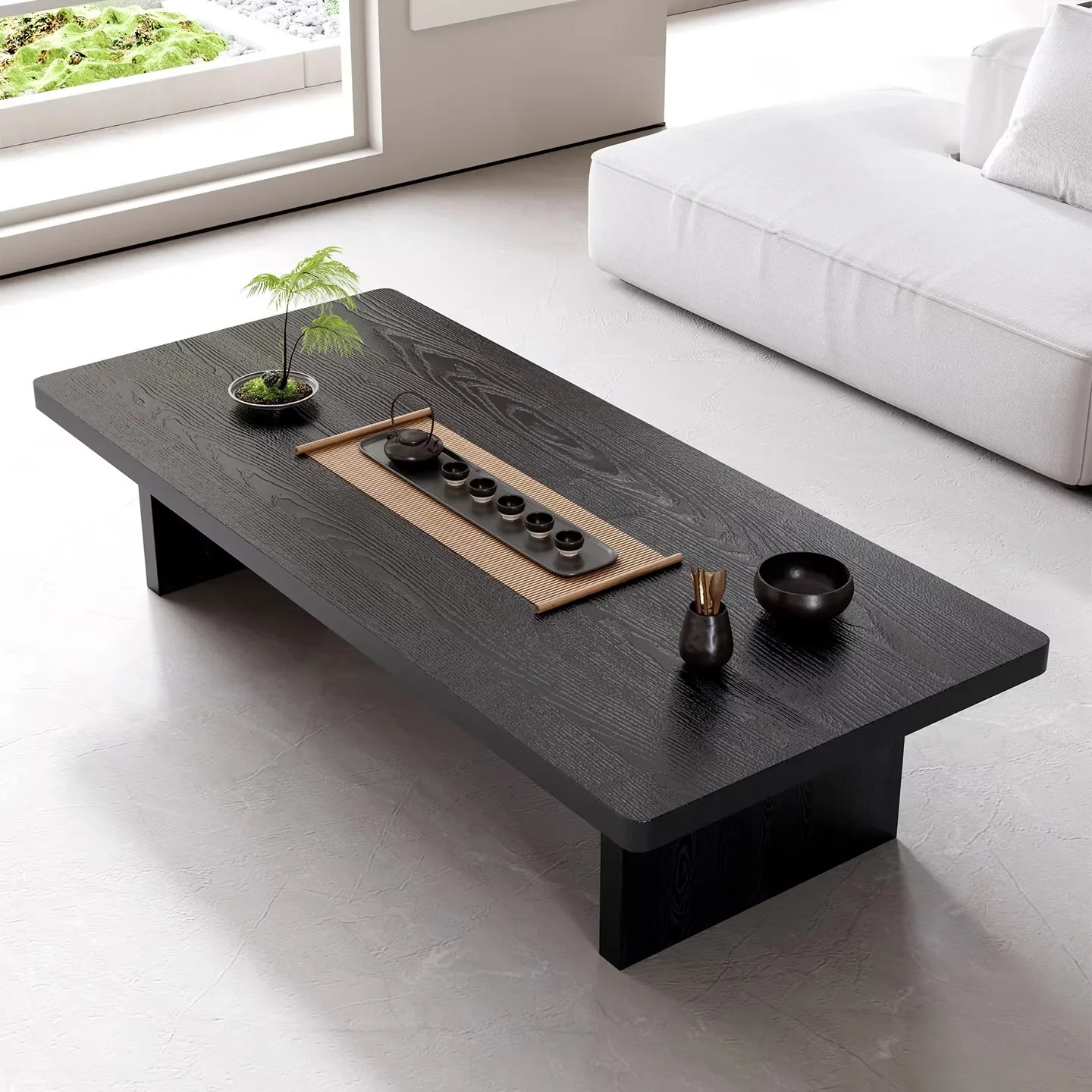 Black solid wood coffee table, balcony, bay window, tea table, B&B hotel, leisure square table, tatami mat