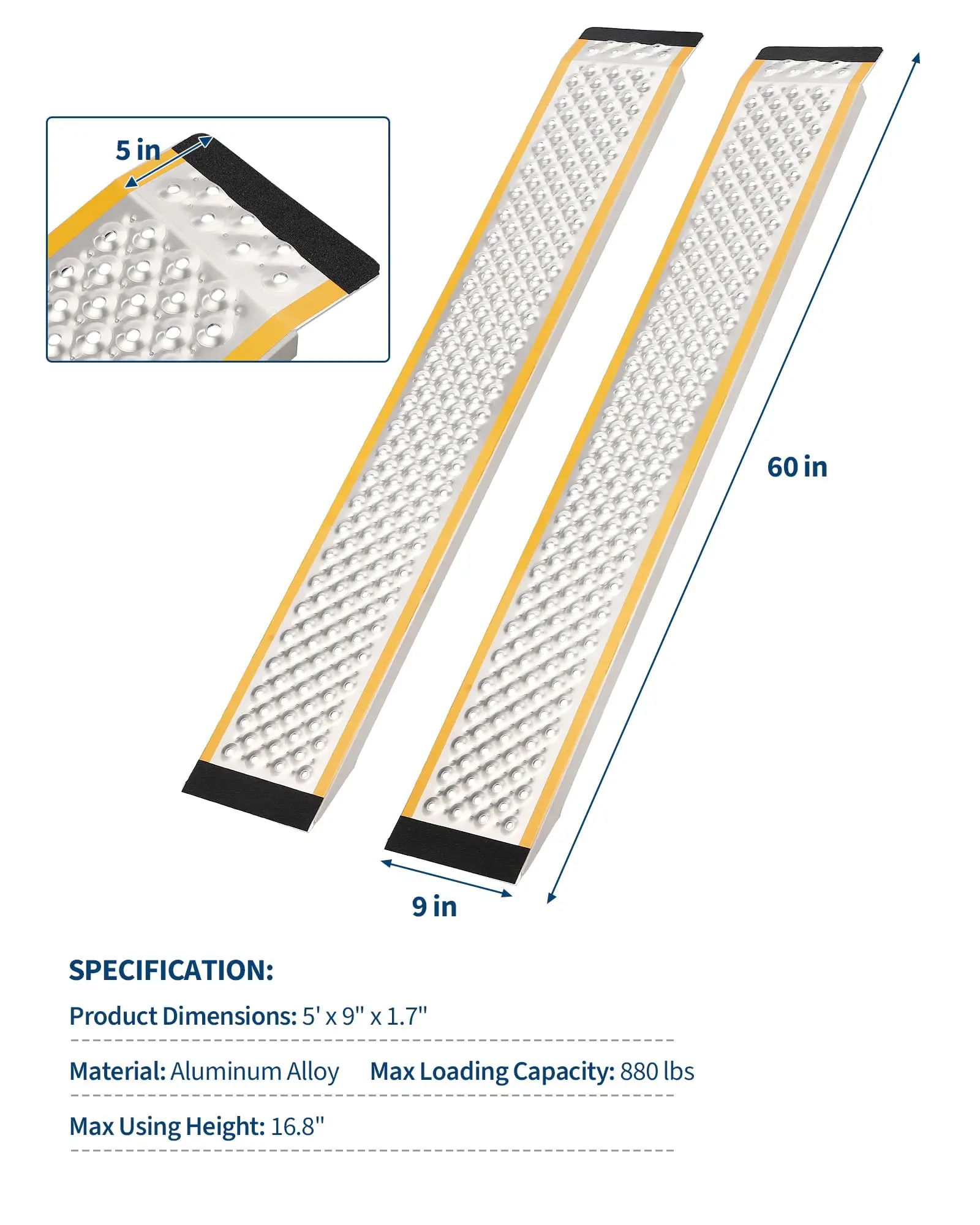 2 Pack Aluminum Loading Ramps, 5FT x 9 Inch Wide Heavy Duty Ramps, 880 Lbs Weight Capacity, Utility Ramp for Lawn Mower, Riding Mower, Motorcycle, Dirt Bike, ATV, UTV, Bicycles