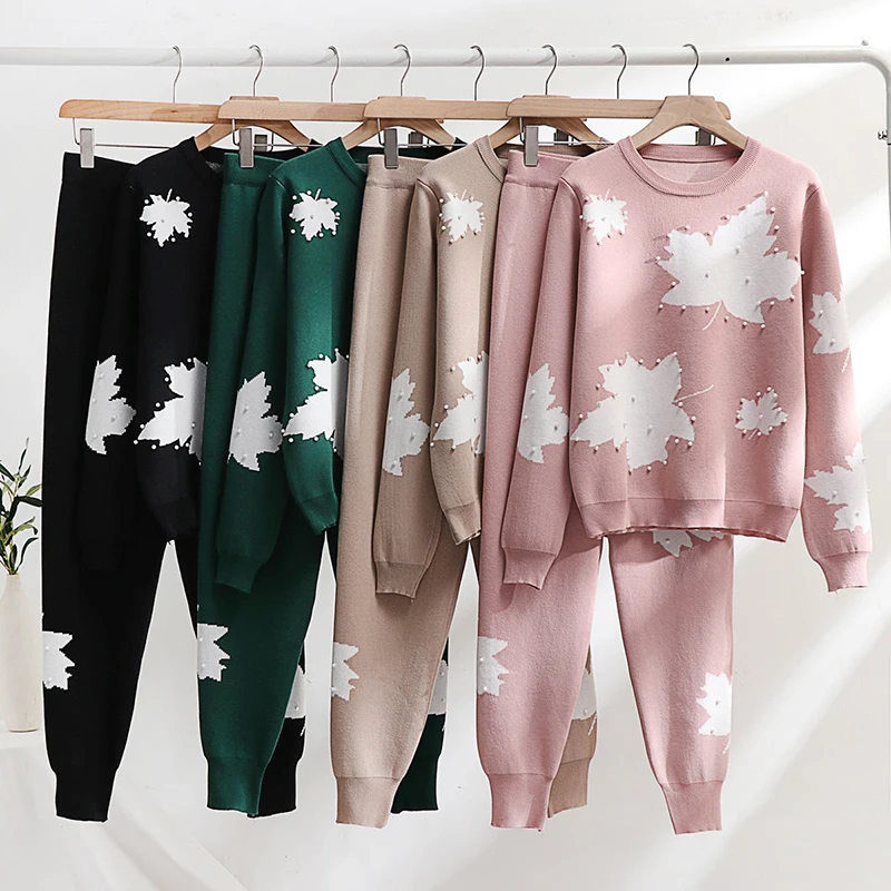 Beading Sweater Pullover 2 Piece Sets Women Maple Leaf Print Knitwear Jumper Suits High Waist Knit Harem Jogger Pants Conjunto