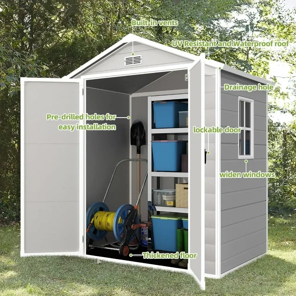 Outdoor Storage Shed with Floor for Garden Tool,Waterproof Outdoor Resin Shed,Lockable Doors for Patio,Yard,Lawn (Gray) image 3