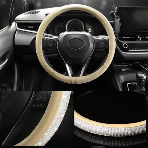 Imagen 2 del producto Universal 38cm 15 pulgadas Beige Bling Diamond protector para volante de coche cristal Rhinestone brillante antideslizante accesorios de coche