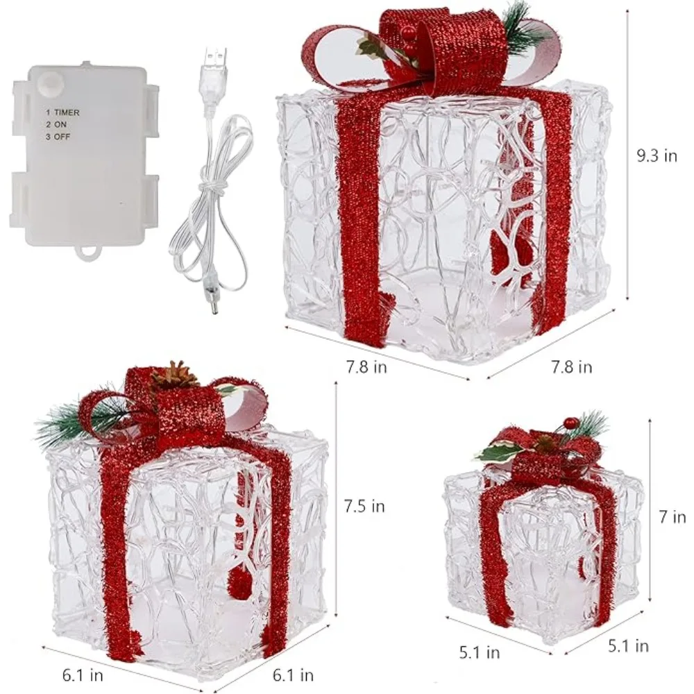 3-piece Christmas Acrylic Lighting Gift Box with Flashing Lights, 10+8+6 Inches 480 LED Warm White Fairy Light