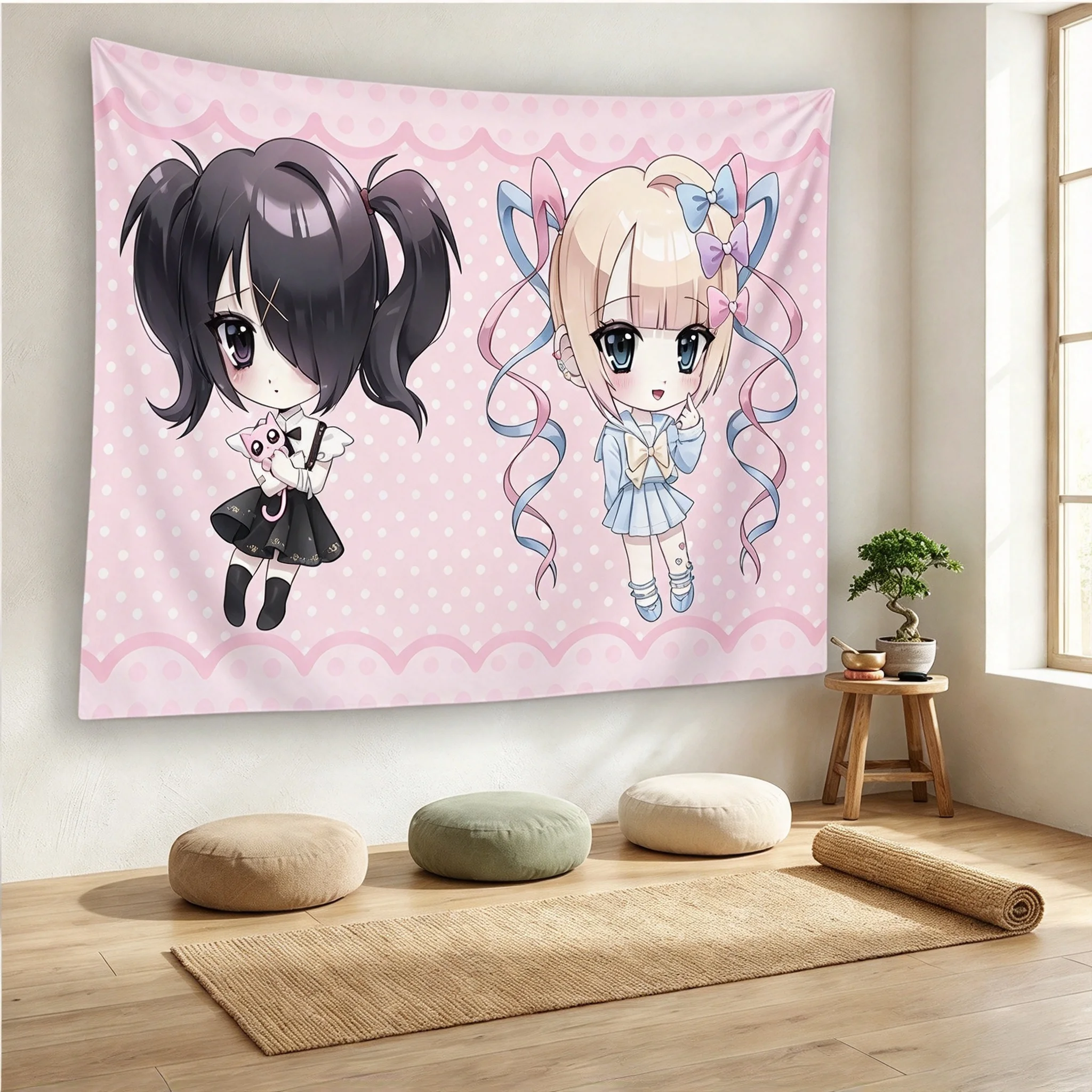 1pc Needy Girl OverdoseS Tapestry, Ame-Chan & KAngel Pink Polka Dot Anim Suitable for Living Room Background, Bedroom Wall Decor