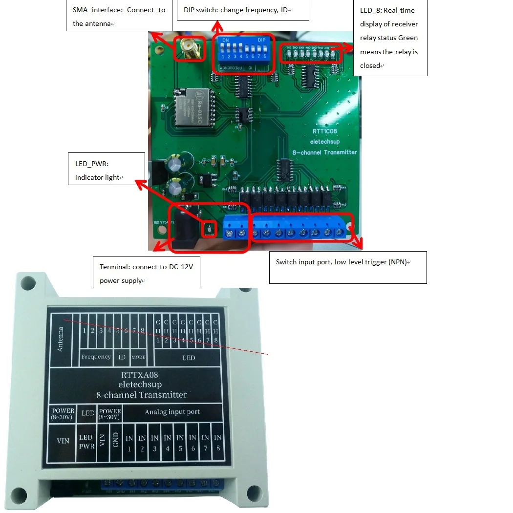 8CH 433M Lora Remote Controller Feedback Point-to-Point Wireless IO Swicth  Relay Module for Smart Home PTZ