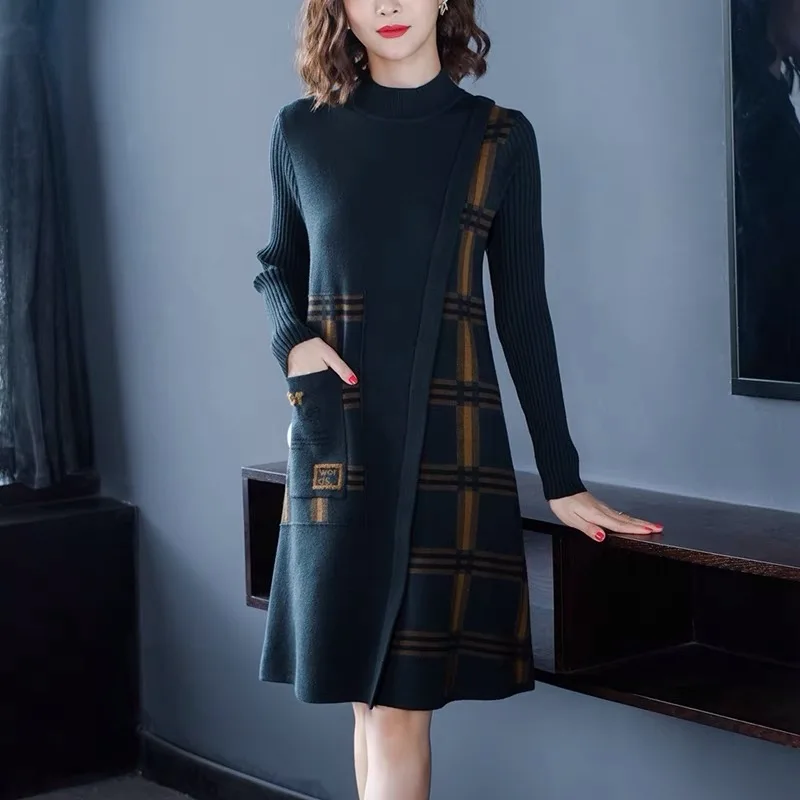 

ZUO MAN RU 2022 Casual Loose Print Knitted Turtleneck Wool Sweater Dresses Autumn Winter Vintage Elegant Bodycon Long Sweater