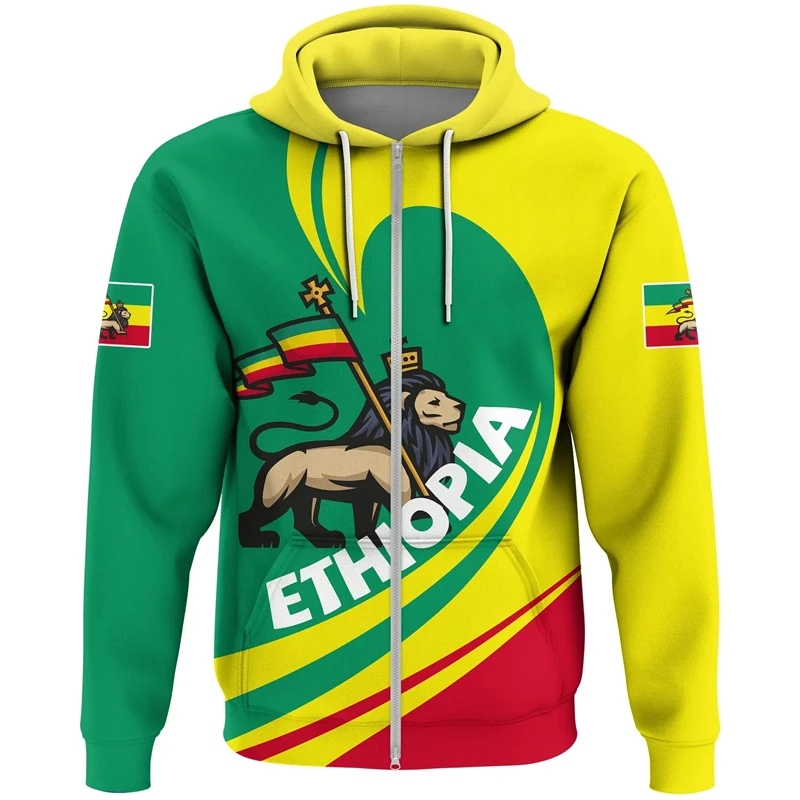 Ethiopia Flag Graphic Men Women Zipper Hoodies Africa Country 3D Print Ethiopian National Emblem Pullovers Street Tops Clothing