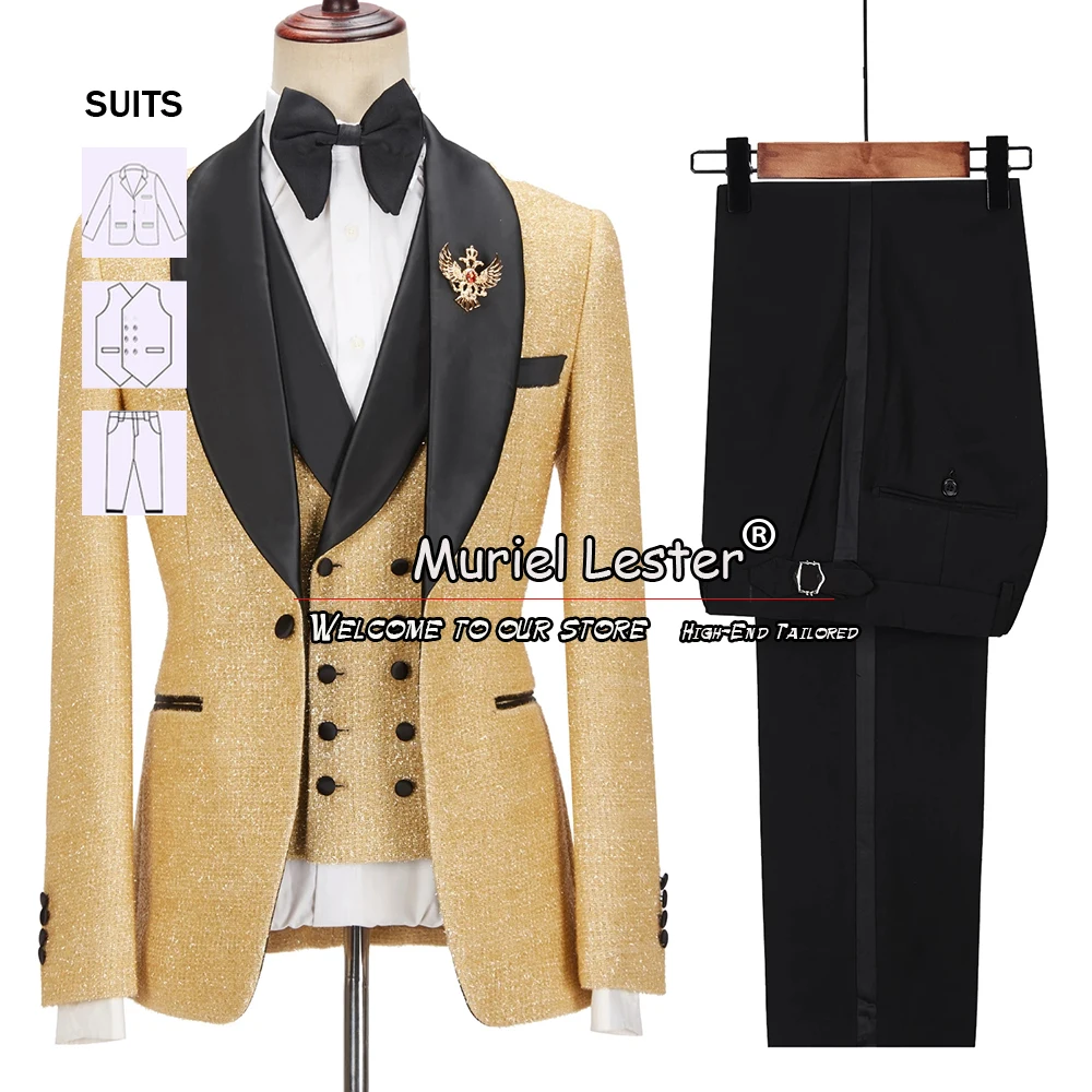 

Sparkly Champagne Men Suits Slim Fit Black Notched Lapel Coat+Vest+Pants 3 Pieces Prom Banquet Party Dress Groomsman Clothing