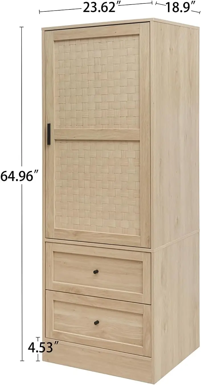 Rattan Armoire Wardrobe Closet - Clothing Storage Tall Cabinet With 1 Woven Door 2 Drawers, 65