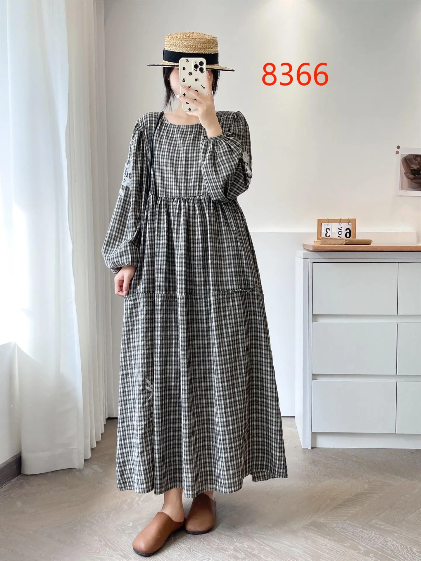 New Summer Cotton Long Sleeve Dresses, Woman O Neck Embroidery Plaid, Mori Girl Chic Vintage Loose Dress, 2024 Autumn D48371QC