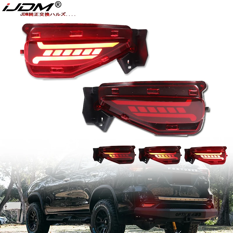 

Светоотражатели заднего бампера iJDM для Toyota Fortuner SW4, выполняющие функции стоп-сигнала и последовательного указателя поворота, 2015-2020 гг.