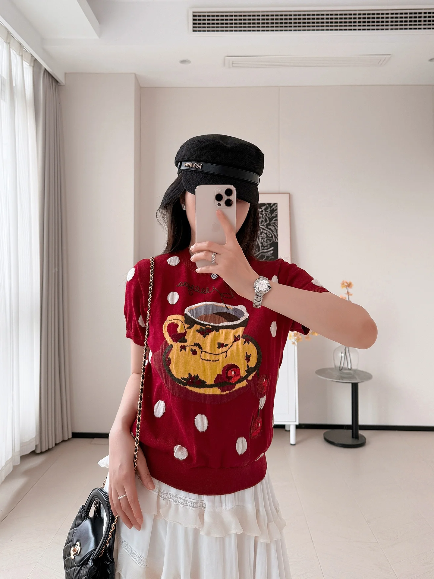 

Red Knitted ort Sve round Ne T-irt Women's Original C Yarn ternoon Tea Love And Food Coffee New 2025 Sle