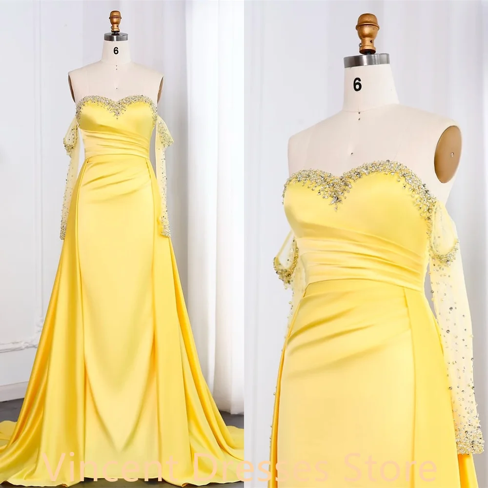 Customized Formal yellow Satin Homecoming Dress Classic Sweetheart Crystal Panel Train Ruched Mermaid Zipper Back Robe de soirée