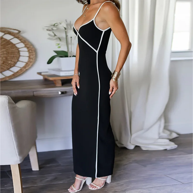 Vacation Beach Sexy Backless Halter Dress Black White Line Summer Elegant Slim Party Gown for Women V Neck Sleeveless Prom Dress