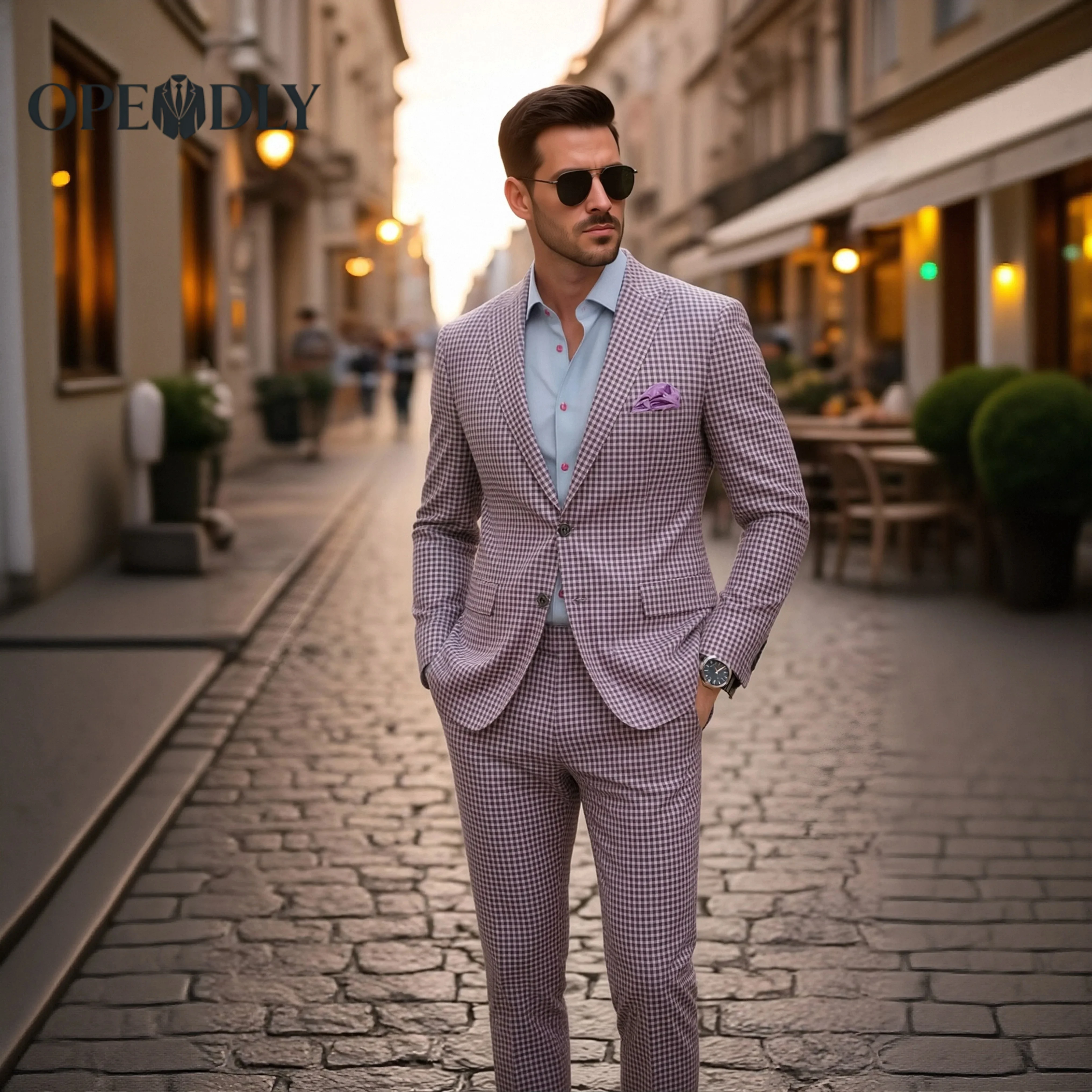 

Персонализированный мужской свадебный костюм-тройка: приталенный смокинг, жилет и брюки для жениха и шаферов.