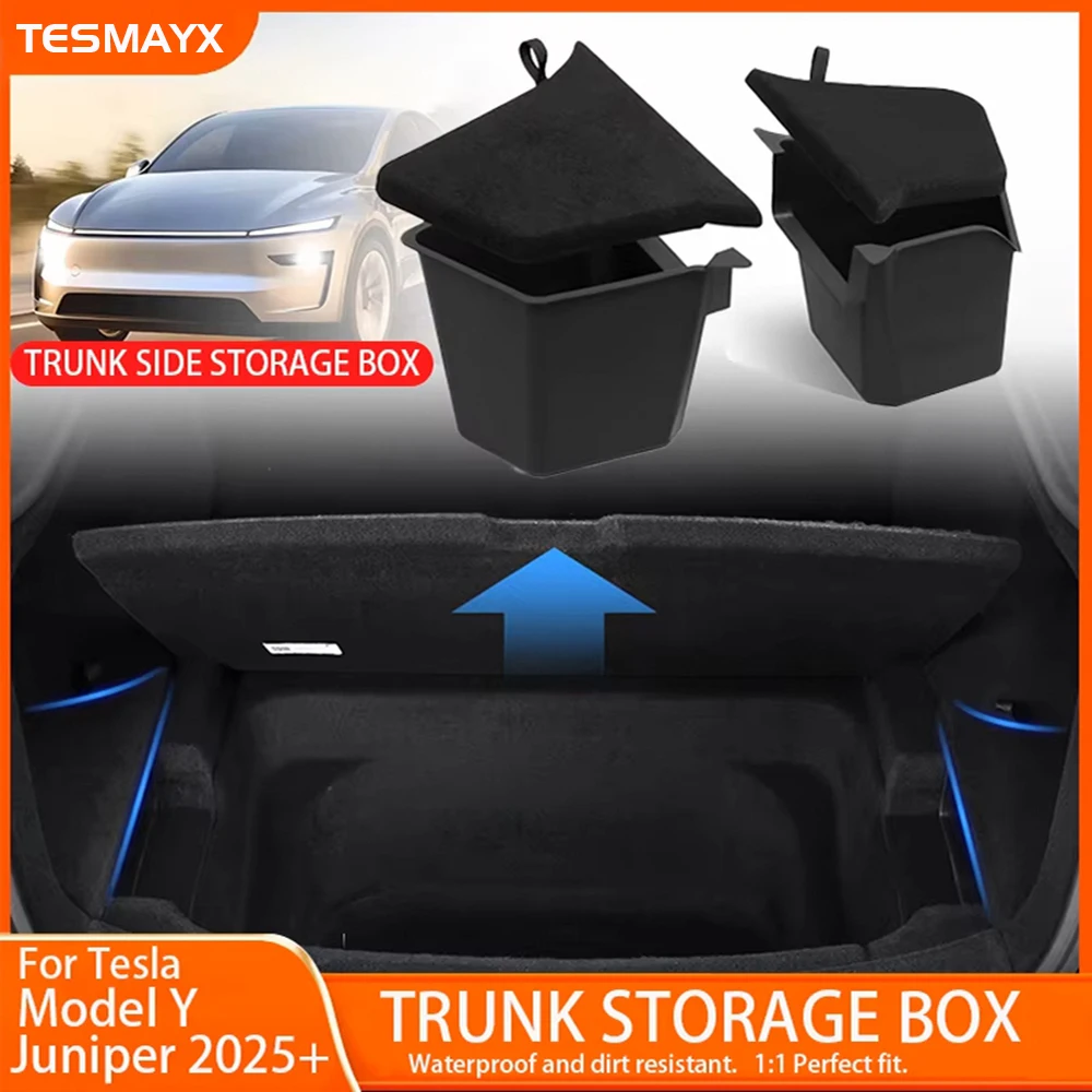 

For Tesla Model Y Juniper 2025 2026 Rear Trunk Side Storage Box Cargo Organizer TPE Bin Flocking Mat Partition Board Accessories