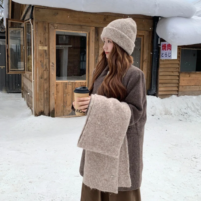 Solid Color Soft Wool Blend Cap Scarf Set Woman's Autumn/Winter Outdoors Keep Warm Tidal Current Versatile Knitted Pullover Hats