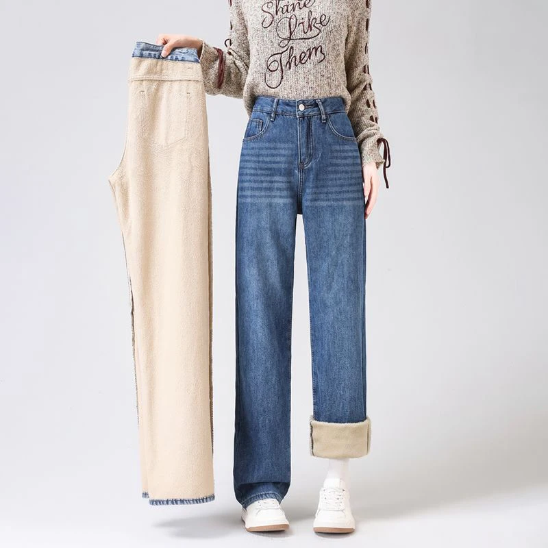 2026 Winter Female Thin Snow Warm Plush Jeans Girls Thicken Fleece Straight Leg Pants Women High Waist Slim Fit Trousers