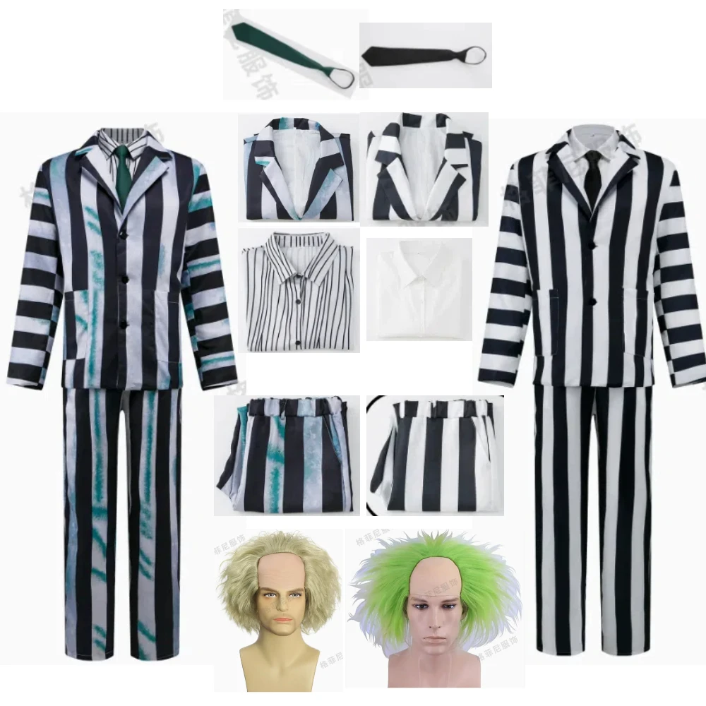 ใหม่เครื่องแต่งกายตัวตลก Beetlejuice 2cos BeetleJuice ชุดวิกผมฮาโลวีนเครื่องแต่งกายน่ากลัว Clown เครื่องแต่งกายผู้ใหญ่