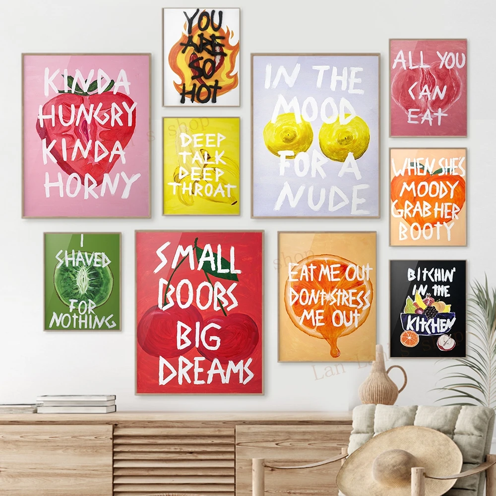 Funny Fruits Quotes Poster Kinda Hungry Eat Me Poor You Are Sexy Quotes Prints Apple Strawberry Banana Canvas Print Home Decor