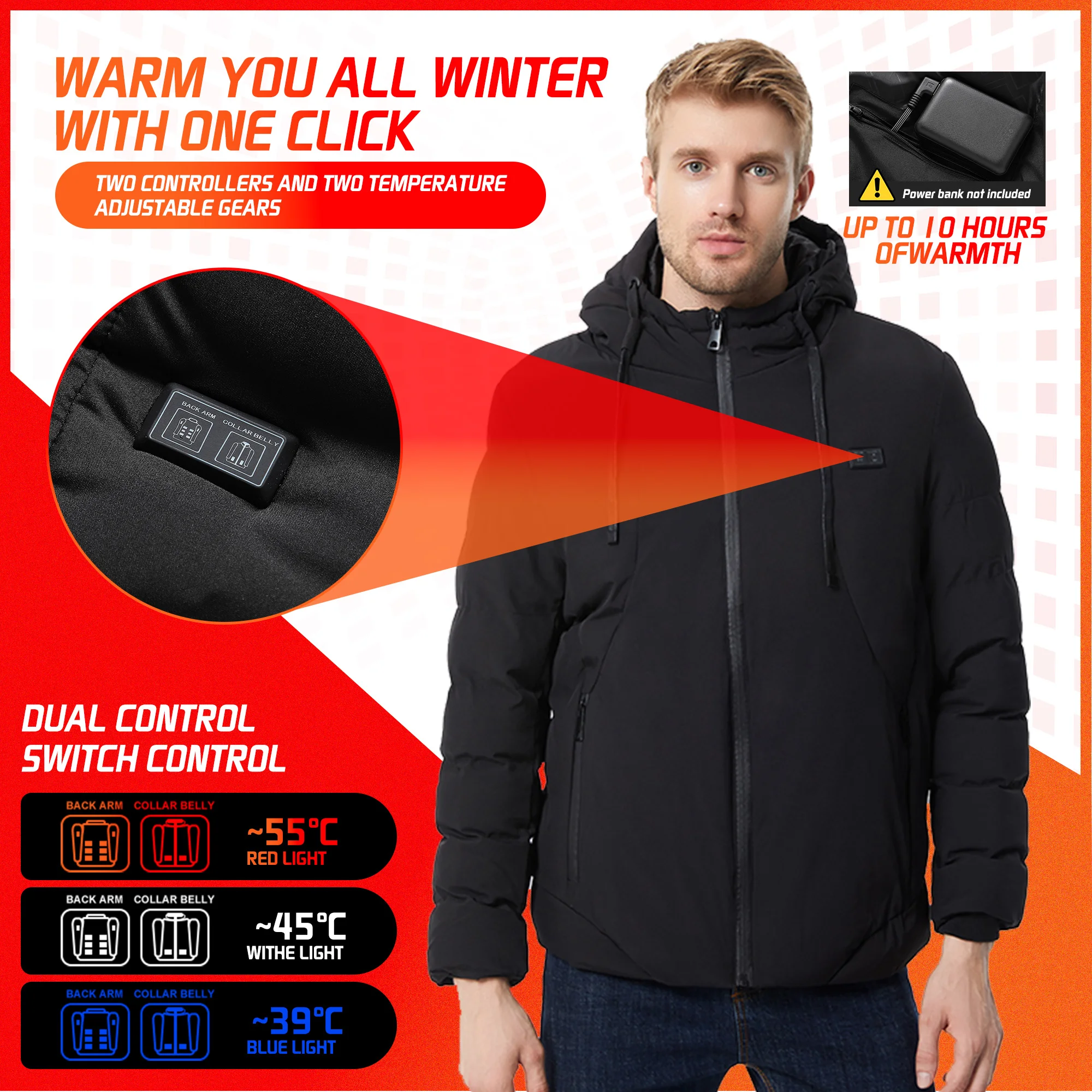 TODWARM Heated Jacket Winter Heating Motorcycle Jacket USB Electric Heating Jackets Hooded Camping Warm Motorcycle Heated Clothe