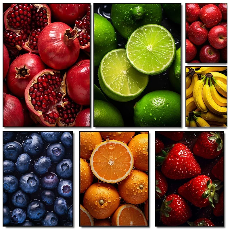 Póster Artístico de comida y fruta, naranja, fresa, manzana, Kiwi, plátano, uva, pinturas en lienzo, imágenes artísticas de pared, decoración del hogar y la cocina
