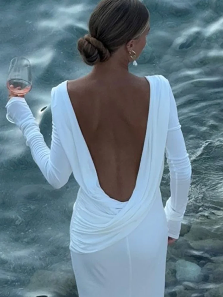 Elegante vestido blanco de manga larga con espalda descubierta para mujer, traje plisado elegante con cuello redondo, novedad de 2024