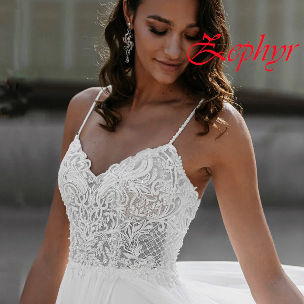 

Customized White High Quality Chiffon Chiffon Lace Wedding Dress Spaghetti Straps Chapel Train Bridal Party Vestido De Novia