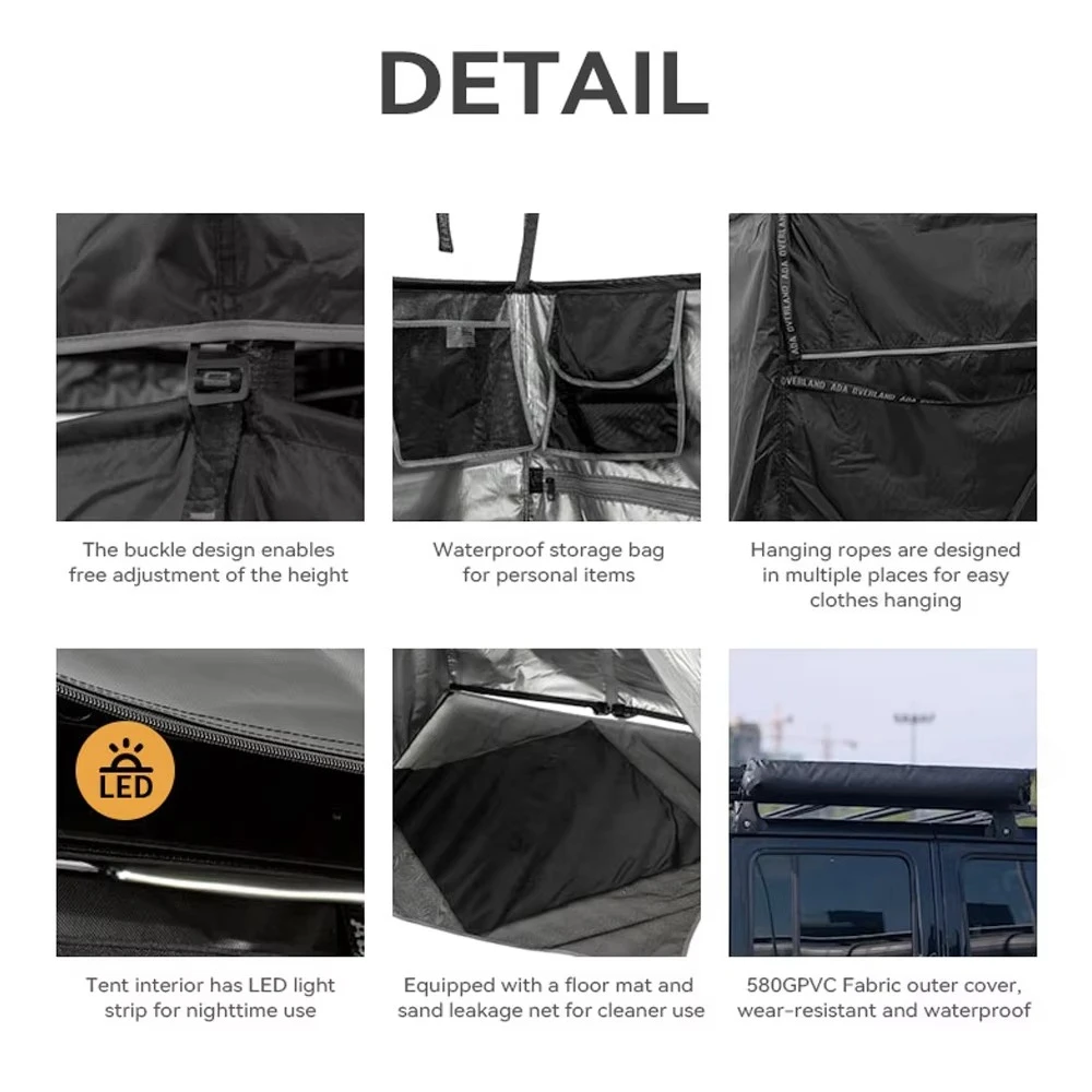 Portable 90 ° adjustable camping shower tent, car side shower tent, built-in LED light strip