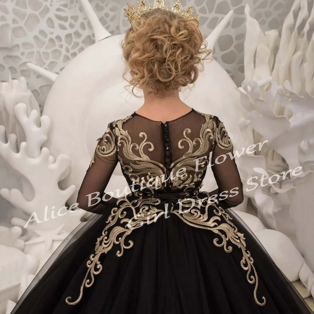

Customized Black Flower Girl Dress Gold Lace Appliques A-Line Long Sleeves Tulle Dresses Girls Birthday First Communion Gowns