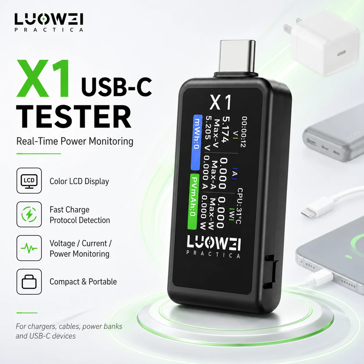 LUOWEI LW-X1 USB-C Tester Digital Voltmeter Ammeter Fast Charge Detector Voltage Current Power Battery Capacity Meter