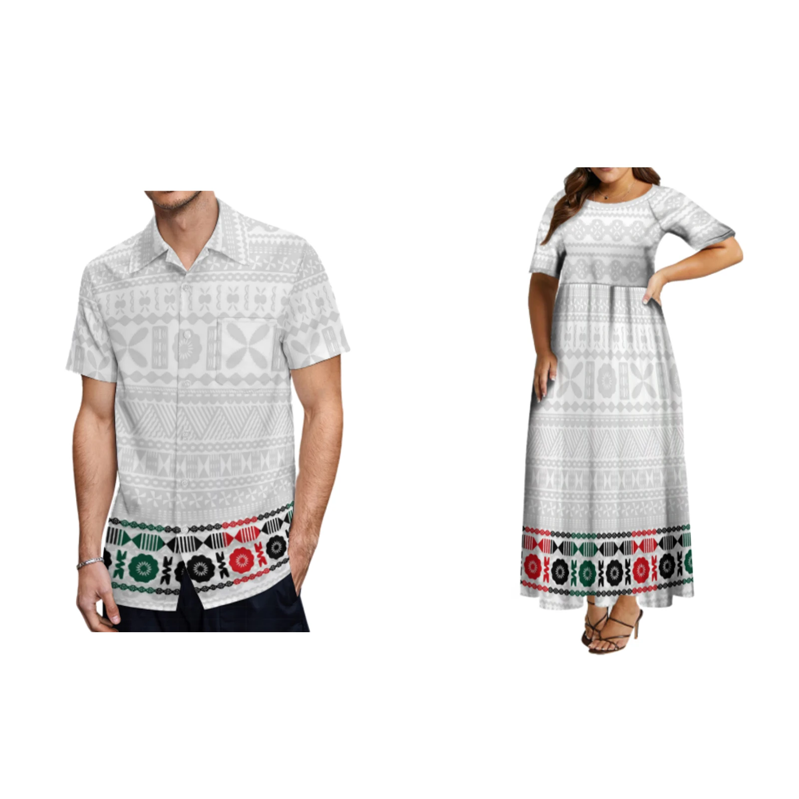 2024 New Woman Medium Sleeve Round Neck Dress Man Hawaii Short Sleeve Shirt Couple Matching Polynesian Wear Samoa Style