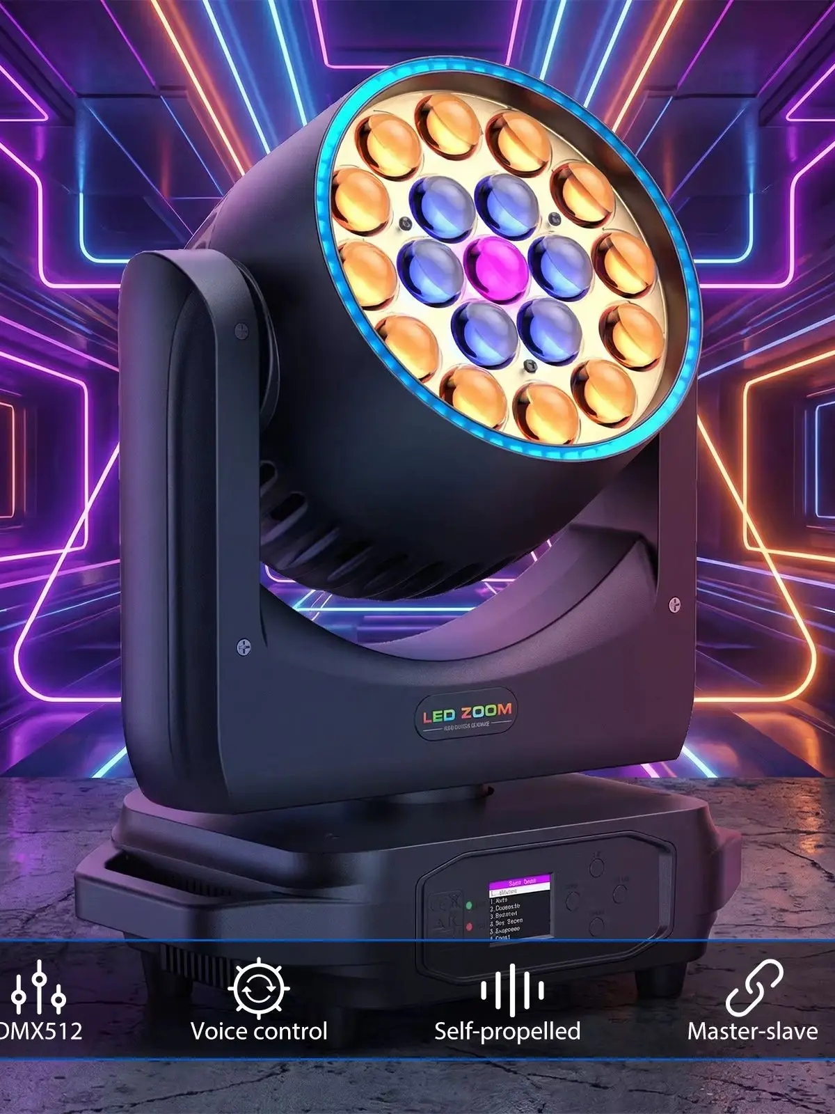 Yiflamefly 4 Stück 19X15W RGBW LED Moving Head Lights mit Lichtstreifen, Fokussier- und Färbeeffekt, Bühnenbeleuchtung, DMX DJ-Lichter für DJ, Hochzeit, Disco, Party, Bar, Club, Show