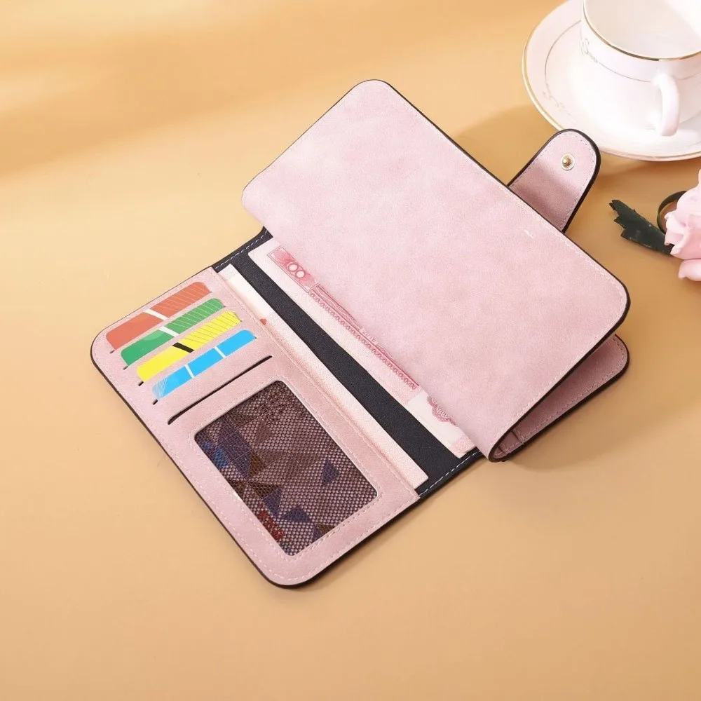 فرك الجلود المرأة المحفظة فتحات بطاقة متعددة بلون حامل بطاقة الائتمان مشبك تصميم سعة كبيرة طويلة محفظة نسائية للعملات المعدنية السيدات