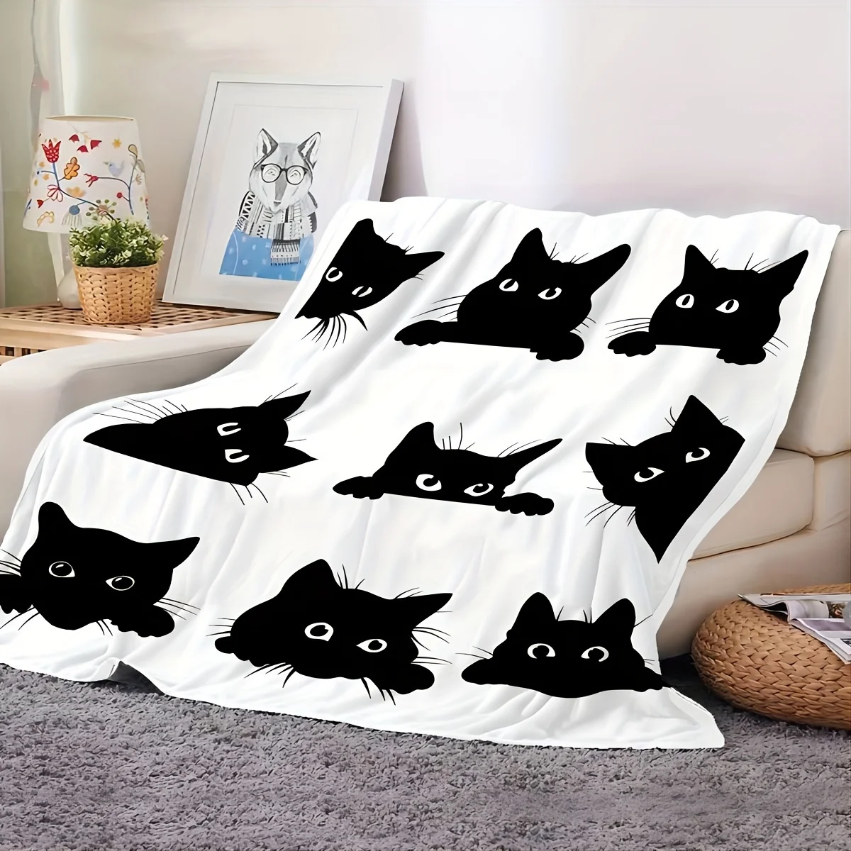 Black Cat, Fluffy Blanket ,for Home, Office, Outdoor, Camping, Travel | Air Conditioning Blanket, Sofa Throw, AC Nap Blanket