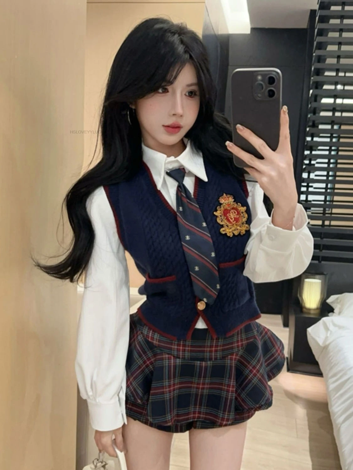 Academic Style Jk Uniform Versatile Korean White Shirt Vest Plaid Half Skirt Set Women Sexy Improved Fashion Daily Jk Uniform