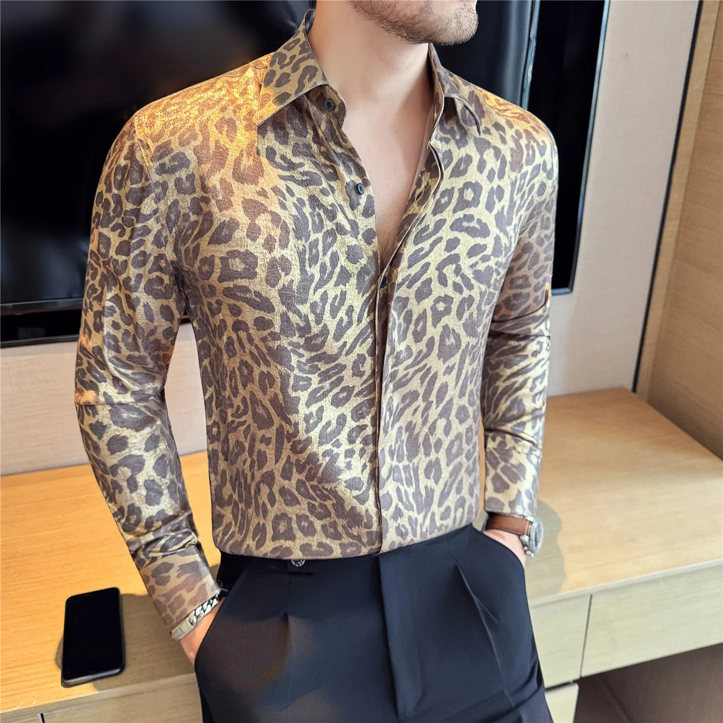 

Luxury Gold Leopard Print Shirt Men Autumn 2025 High-quality Long Sleeved Casual Business Shirt Social Banquet Party Costumes