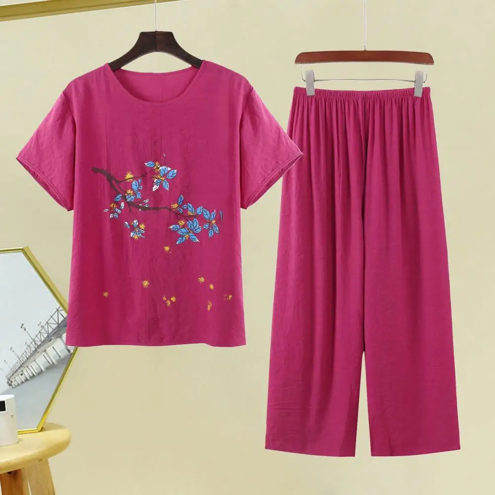 

Women Pajama Set Elegant Mid-aged Women's Pajama Set With Flower Print Top Wide Leg Pants Comfortable Sleepwear For Mother