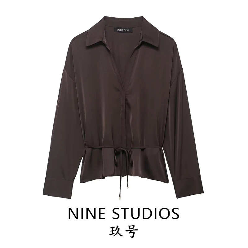 

NINE ZAR Женский шелковый атлас Feel ort Length с поясом irt Long Sve Top European Sle A-Line Sve Velvet Material