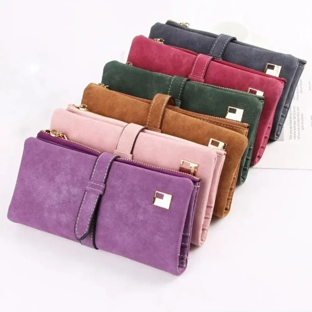 New Fashion Women Wallets Drawstring Nubuck Leather Zipper Wallet Women's Long Design Purse Two Fold More Color Clutch