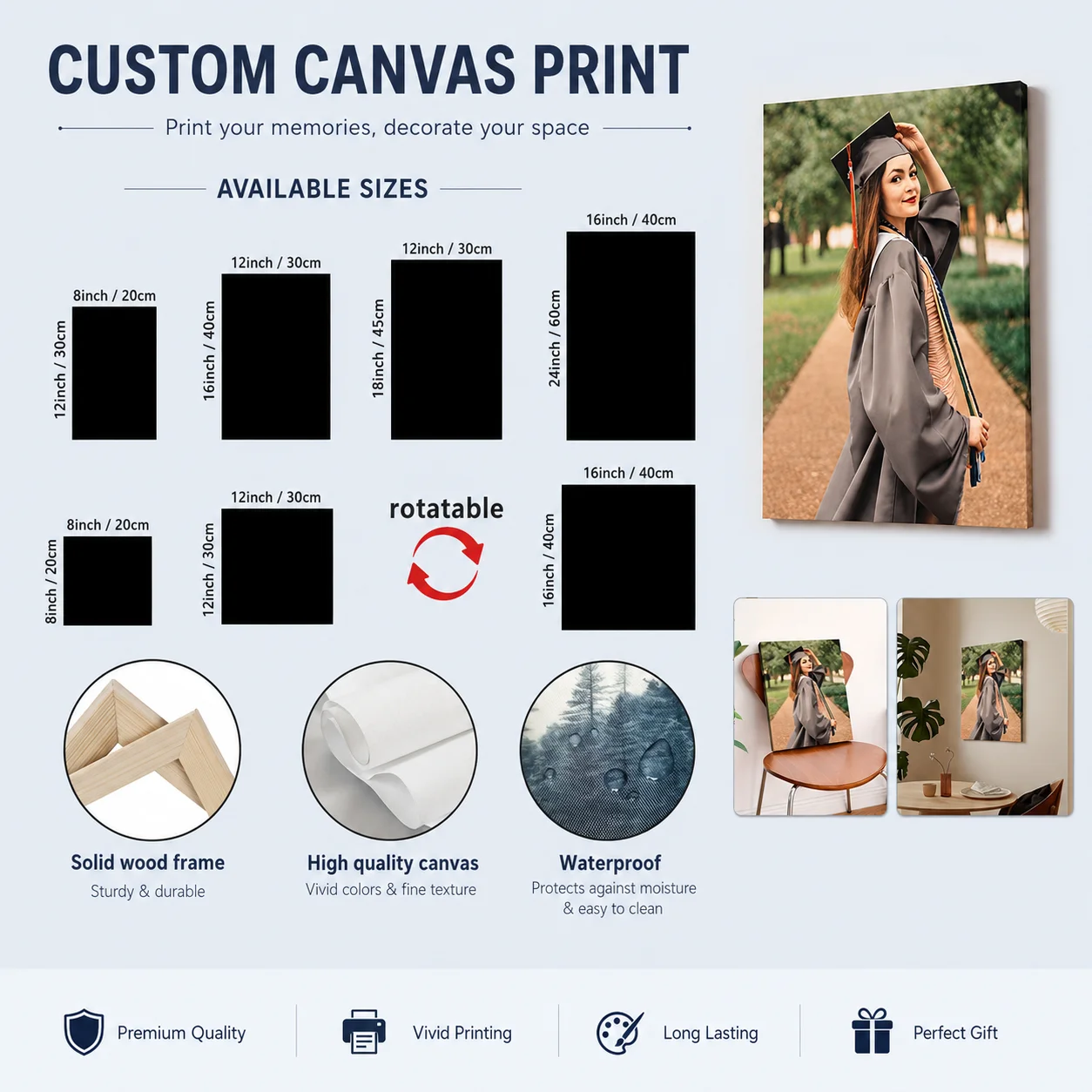Personalized Canvas Photo Frame Custom Wall Art, UV Ink Print Picture, Wrapped Canvas Decor for Home Bedroom Living Room Office