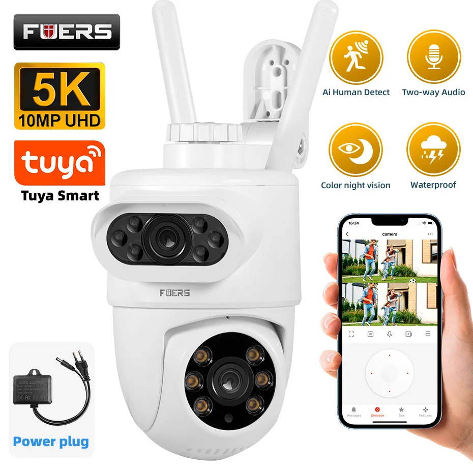 FUERS 5K 10MP Dual Lens IP Camera Tuya Smart Outdoor Home Security Auto Tracking Human Detection WIFI CCTV Surveillance Camera