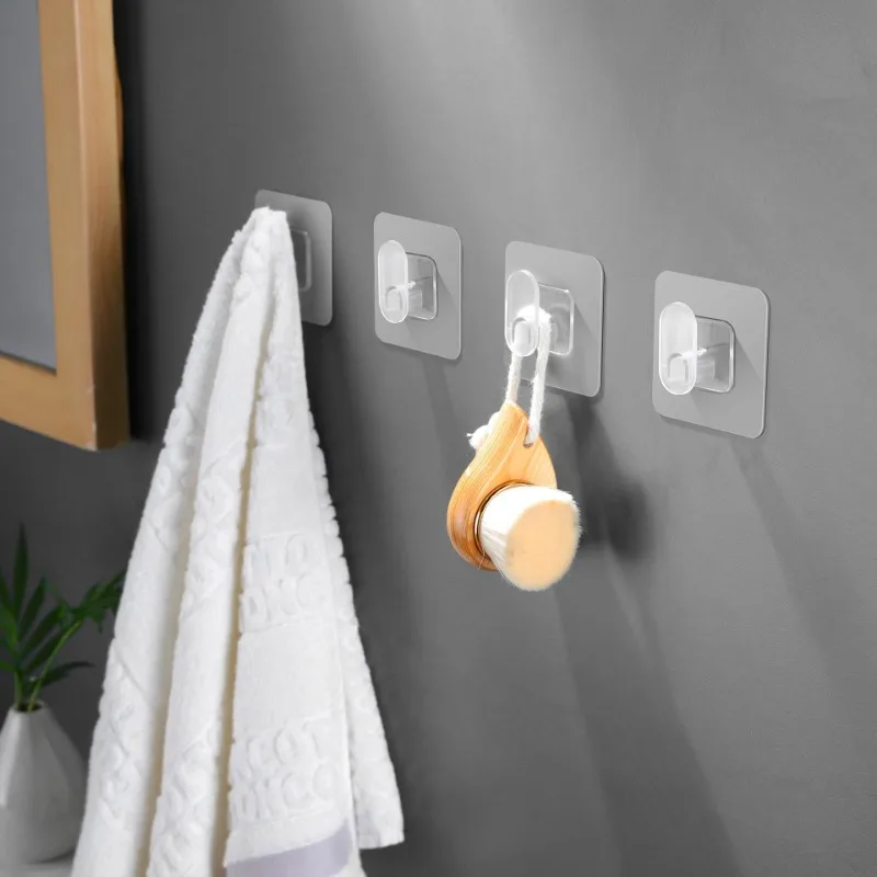 Self Adhesive Transparent Hooks Wall Mounted Traceless Glue Hang Rack Waterproof Bathroom Kitchen Towels Punch Free Storage Hook