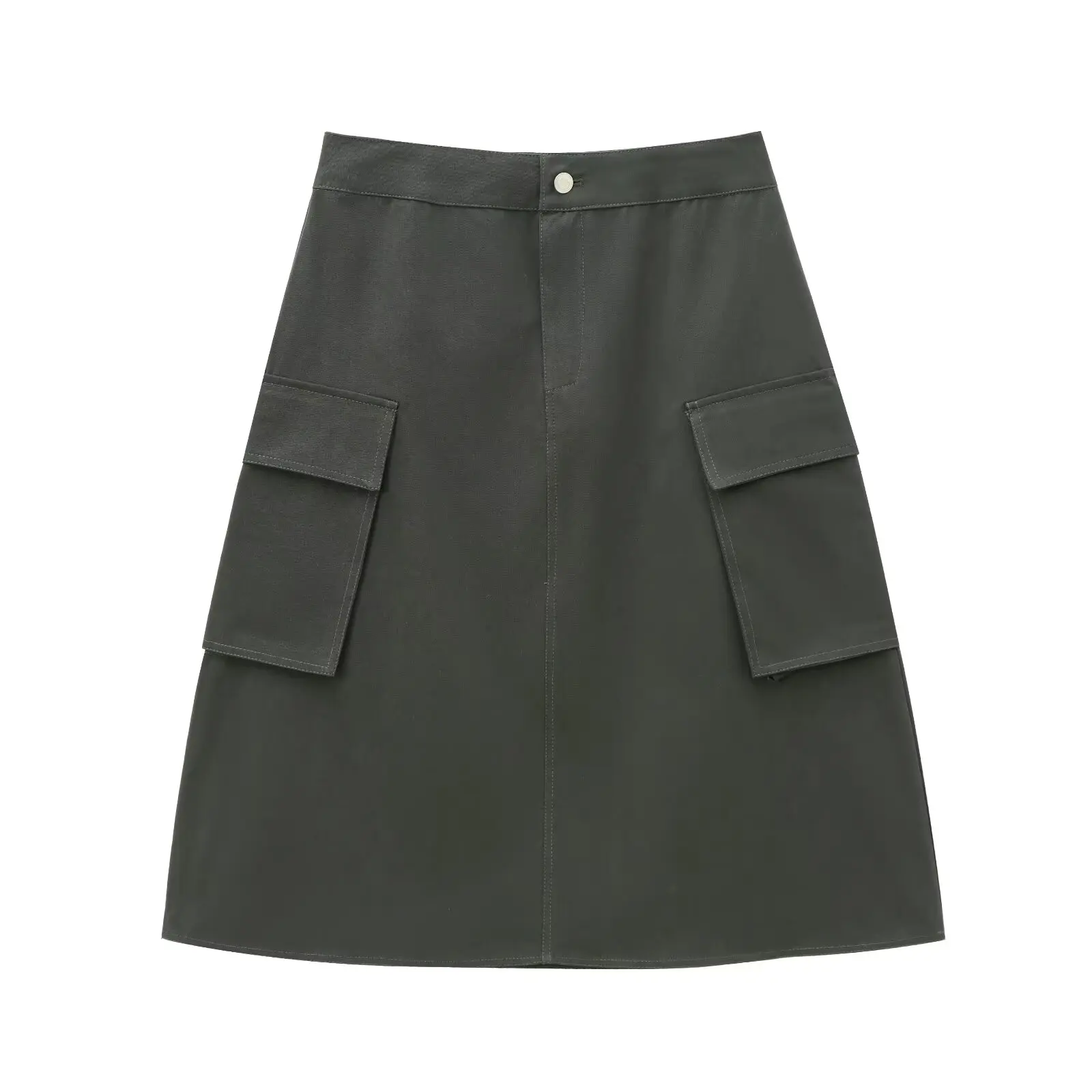 Falda de trabajo Diagonal verde militar Retro minimalista marchita con bolsillos laterales Falda Midi de cintura alta para mujer